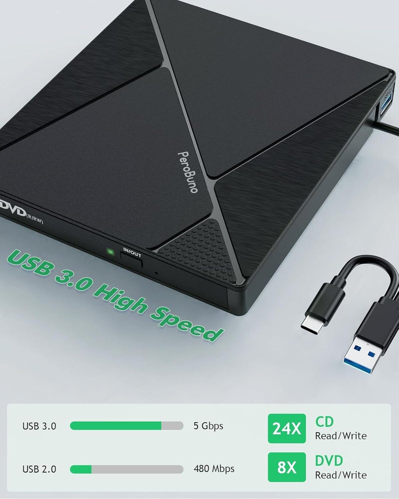 PeroBuno External CD DVD Drive, USB 3.0 Optical Disc Drive, 4 USB Ports and 2 TF/SD Card Slots, CD DVD Burner Writer Reader Player for Laptop MacBook PC Windows 11/10/8/7 Linux OS with Carrying Case - Image 4
